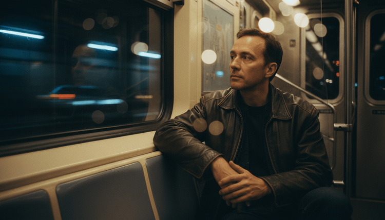 A man sitting inside a subway train, gazing pensively out the window as city lights blur